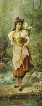 ウサギのバスケットを持つ少女 ハンス・ザツカ 美しい女性 女性 Oil Paintings